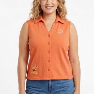 Vintage Pooh Disney Orange Pink Embroidered Button Up Winnie Pooh Top XL